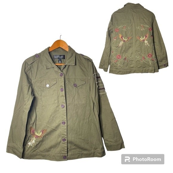 Colleen Lopez Phoenix Embroidered Birds Military Green Woman's Jacket Size M - Picture 1 of 15
